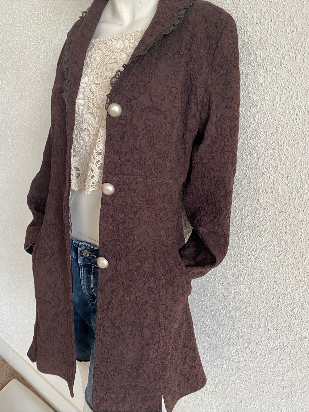 Vintage Style Brown Textured Jacquard Coatigan Lace Trim Jacket